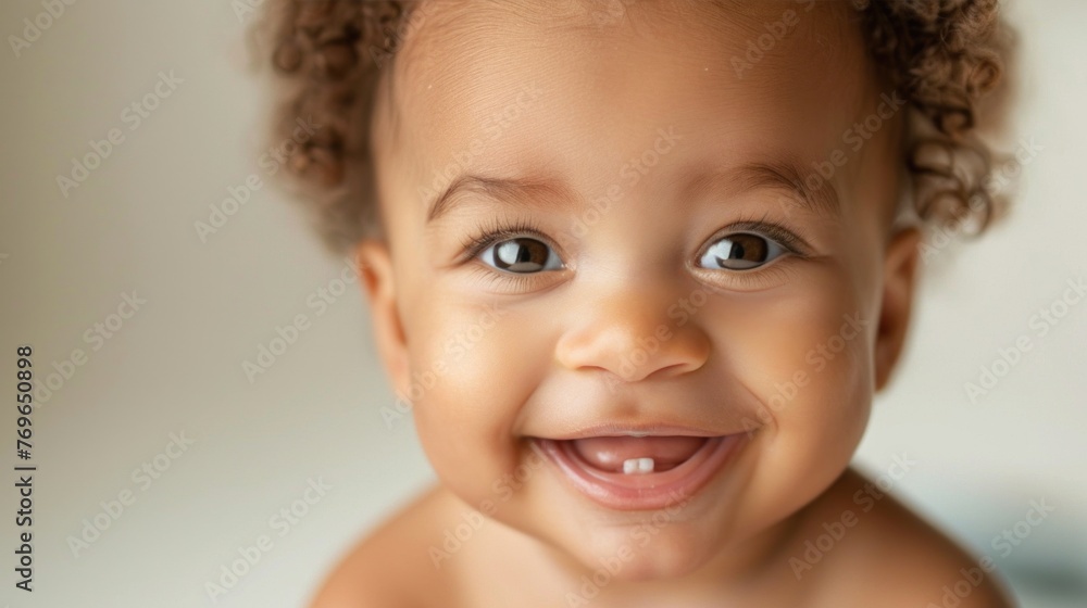 A close-up of a joyful baby with curly hair bright eyes and a toothy smile. A close-up of a joyful baby with curly hair bright eyes and a toothy smile.