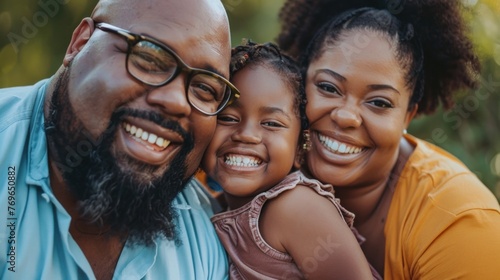 A joyful family moment captured with a smiling man a woman and a child all sharing a warm embrace and bright smiles set against a blurred background.