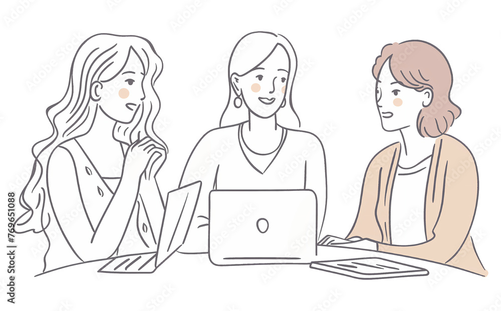 Three women in their thirties discussing something while sitting at a table with laptops in a simple line drawing illustration style Three women in their thirties discussing something while sitting at a table with laptops in a simple line drawing illustration style