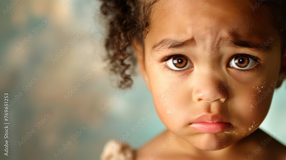 A young child with a concerned expression looking directly at the camera with a slight frown and with a hint of a tear on their cheek. A young child with a concerned expression looking directly at the camera with a slight frown and with a hint of a tear on their cheek.