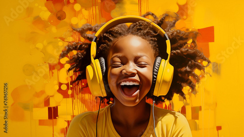 Portrait of a young African girl immersed in to listening music