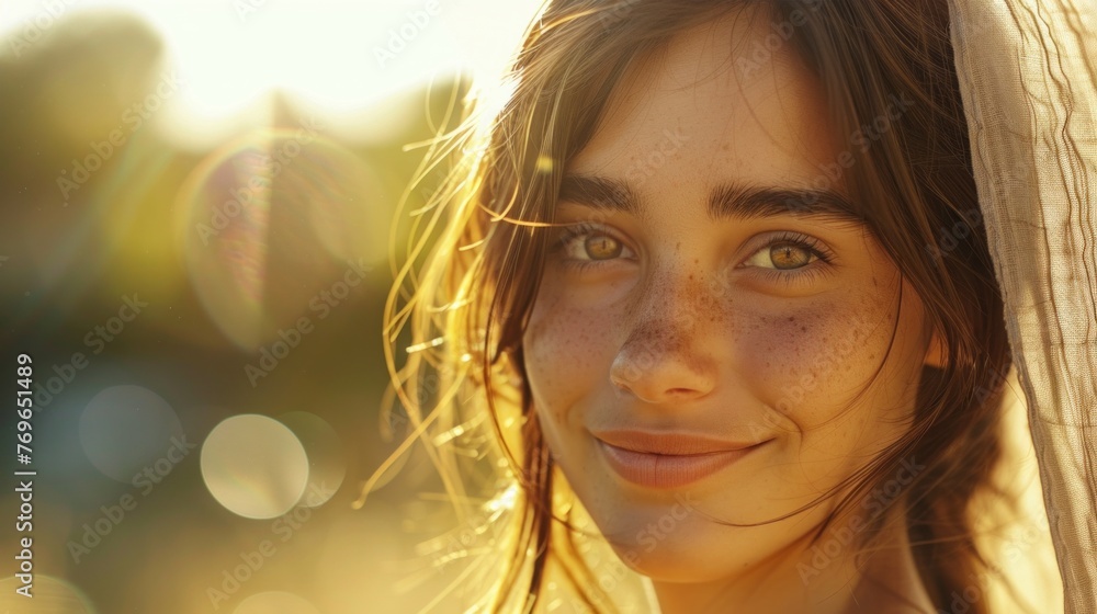 A young woman with freckles smiling gently her hair softly blowing in the sunlight with a warm golden-hour glow in the background. A young woman with freckles smiling gently her hair softly blowing in the sunlight with a warm golden-hour glow in the background.