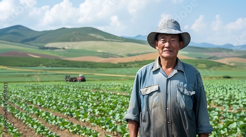 Portrait of a senior Asian farmer standing in a cabbage field under the sun