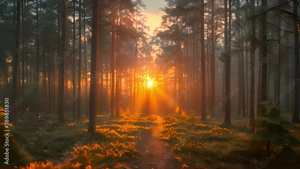 Lush forest: Animated scene with vibrant green trees bathed in warm sunlight. Lush forest: Animated scene with vibrant green trees bathed in warm sunlight.