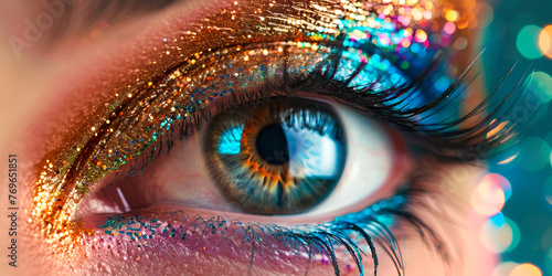 Macro Close-Up of Multi-Colored Artistic Eye Makeup