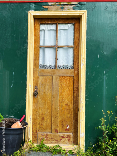 An old wooden door with curtained window, entrance in a green wall