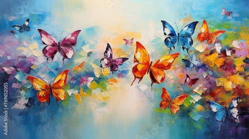 Abstract painting butterfly. Colorful abstract oil acrylic painting with colorful butterflies, knife on canvas © May