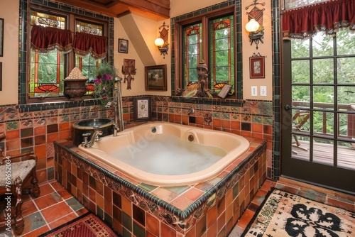 A luxurious bathroom featuring a large jacuzzi tub positioned next to a window, offering a serene and relaxing atmosphere