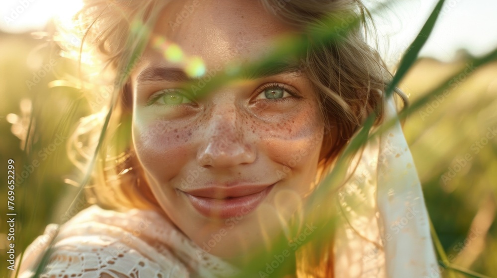 A radiant young woman with freckles and green eyes smiling gently with her face framed by sunlit strands of hair and blurred green foliage. A radiant young woman with freckles and green eyes smiling gently with her face framed by sunlit strands of hair and blurred green foliage.