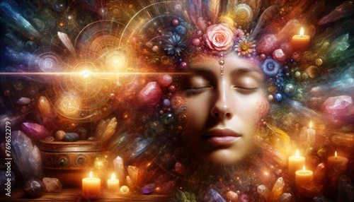 a human face experiencing a moment of awakening into the tranquil meditation sanctuary