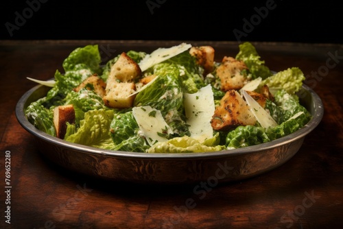 Hearty caesar salad on a plastic tray against a rusted iron background