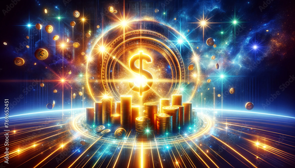 A colorful image of a dollar sign surrounded by gold coins. Concept of wealth and abundance A colorful image of a dollar sign surrounded by gold coins. Concept of wealth and abundance