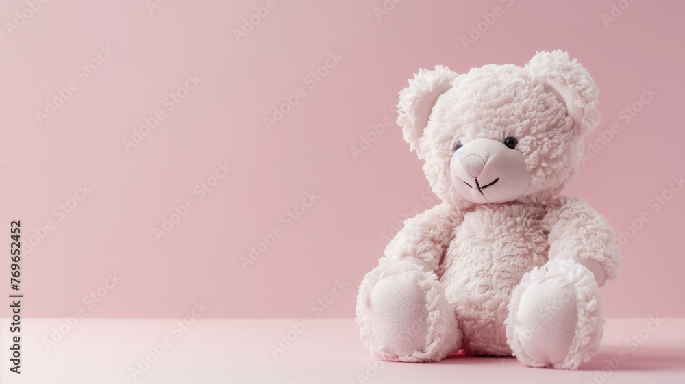 A soft pink bear sits against a pastel background, evoking sense of warmth and comfort. A soft pink bear sits against a pastel background, evoking sense of warmth and comfort.