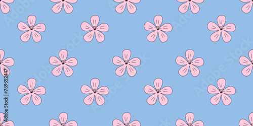 Seamless pattern with pink sakura or cherry blossom flowers head on blue, doodle style vector