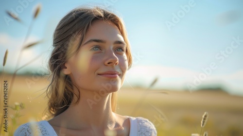 A young woman with blonde hair wearing a white top gazing into the distance with a serene expression surrounded by tall grasses and a clear blue sky.