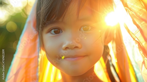 A young girl with a radiant smile her face illuminated by the warm glow of the sun with a soft focus on the background.