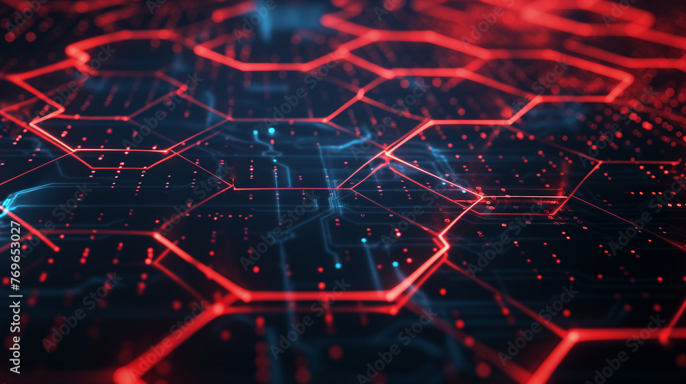Futuristic Glowing Circuit Board with Red and Blue Lights Futuristic Glowing Circuit Board with Red and Blue Lights