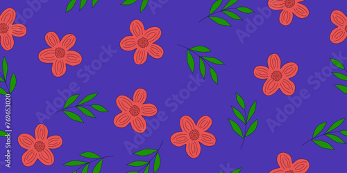 Seamless pattern with simple meadow flowers and branches, red flowers on blue, doodle style vector