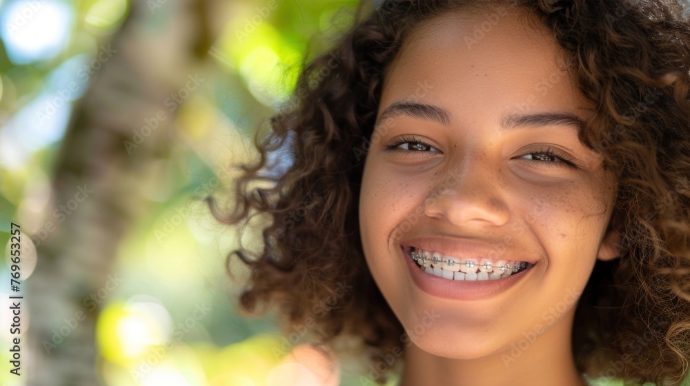 A young girl with curly hair wearing braces smiling brightly against a blurred natural background. A young girl with curly hair wearing braces smiling brightly against a blurred natural background.