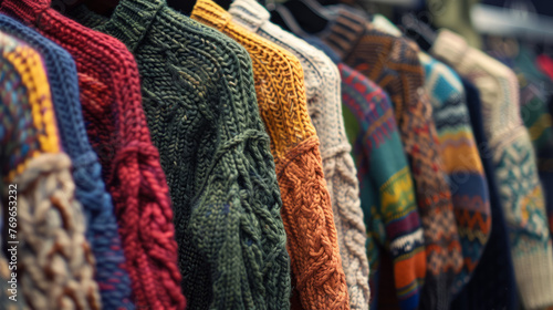 A vibrant collection of hand-knitted sweaters hanging in a row, showcasing a variety of patterns and colors that represent craftsmanship and cozy fashion