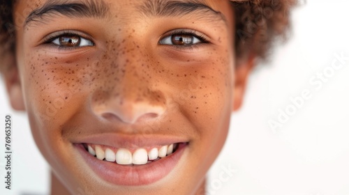 A close-up image of a young person with a radiant smile showcasing their freckles eyes and teeth against a white background.