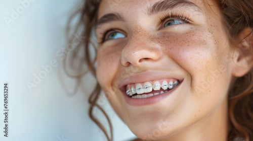 Smiling young woman with freckles and braces looking up with joy and confidence.