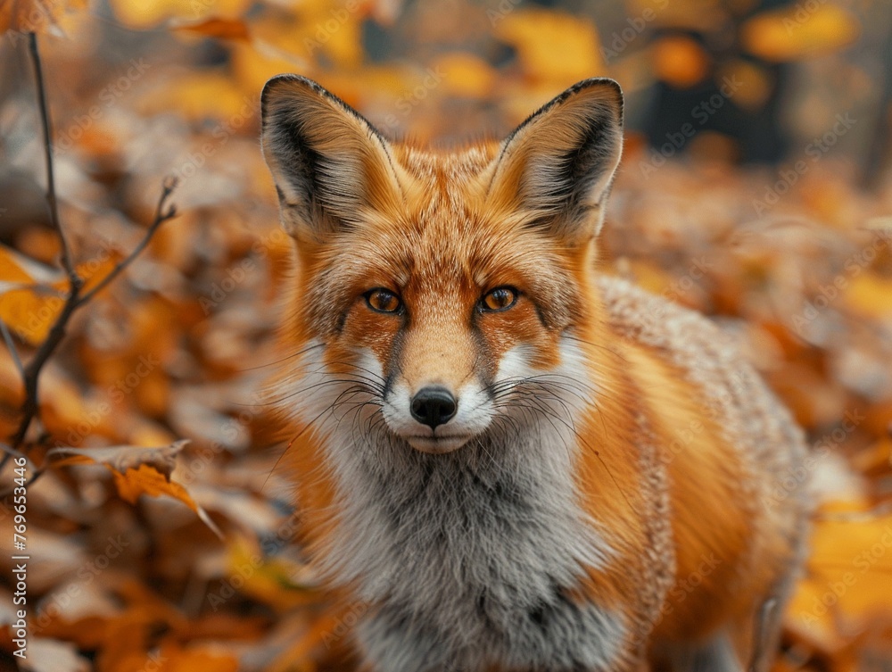 Fototapeta premium Photorealistic image of a fox in the wild, vibrant autumn colors, closeup, natural lighting ,close-up,ultra HD