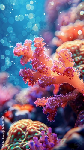 Colorful coral reef, closeup, photorealistic undersea image, natural lighting ,ultra HD,clean sharp focus © Oranuch