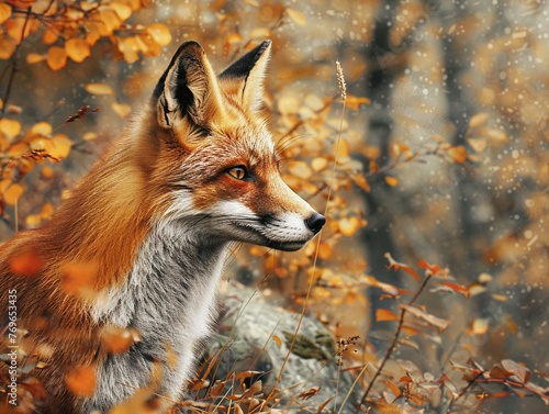 Photorealistic image of a fox in the wild, vibrant autumn colors, closeup, natural lighting ,close-up,ultra HD