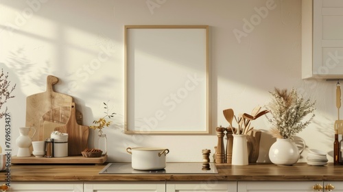 Scandinavian kitchen interior design with blank mock up frame on wall background. AI generated