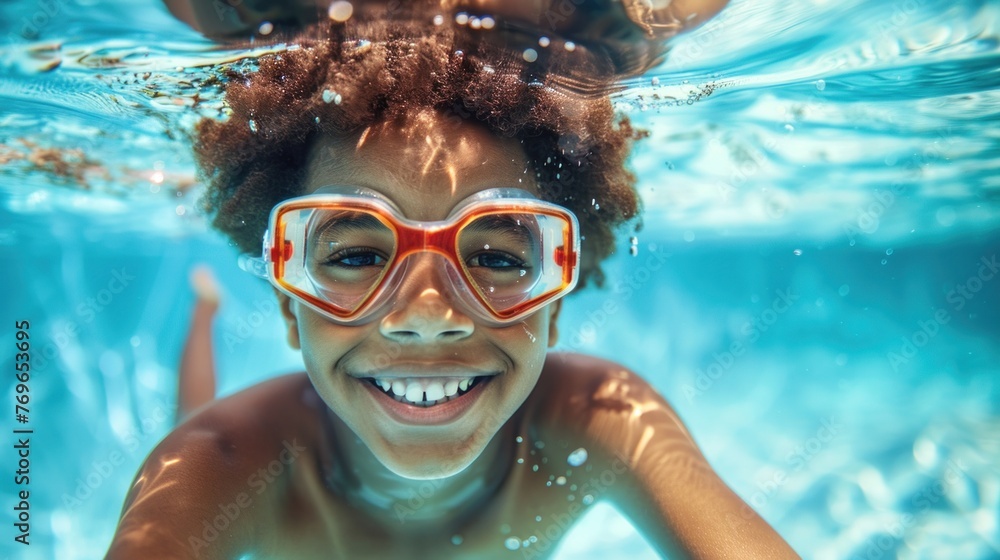 A joyful child with curly hair wearing orange goggles smiling underwater in a swimming pool.