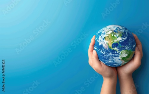 Globe Held Aloft by Hands Amidst Blue Hue,Hands Clutching Earth Globe on Sky-blue Setting, Copy Space, Generative Ai