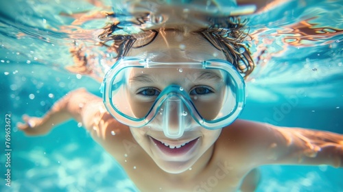 A young child wearing a snorkel mask smiling underwater surrounded by blue water with bubbles.