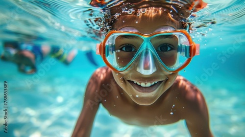 A young child with a joyful expression wearing orange and blue goggles swimming underwater with bubbles around them.