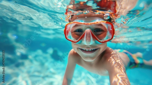 A young boy wearing red goggles smiling underwater with his arm extended towards the camera.