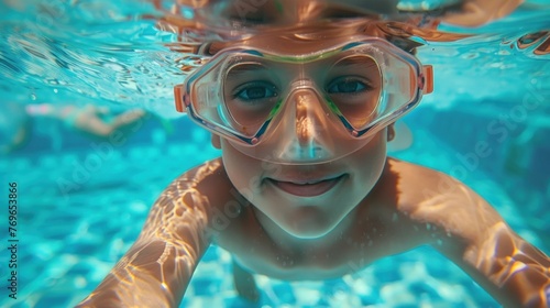 A young person wearing goggles smiling underwater in a swimming pool.