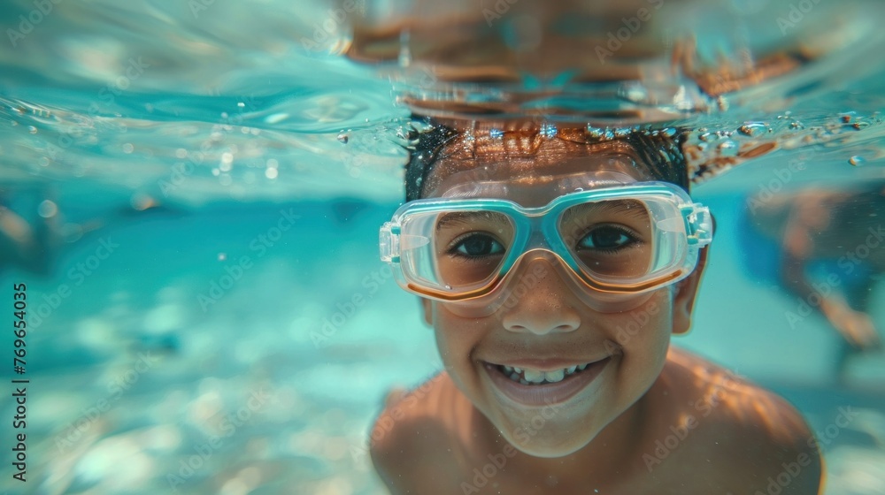 Naklejka premium A young boy with a joyful expression wearing goggles and swimming underwater with bu bbles around him.