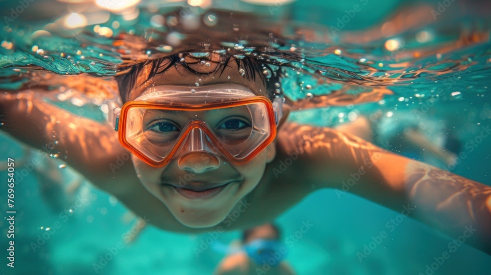 Naklejka premium A joyful child underwater wearing orange goggles smiling broadly and surrounded by bubbles in a swimming pool.
