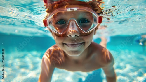 A young child with a joyful expression wearing goggles and submerged in clear water looking directly at the camera. © iuricazac