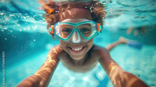 A young child with a big smile wearing blue goggles swimming in clear blue water.