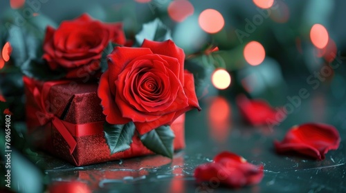 Fresh red roses bouquet placed on the luxury brown paper gift box with red bow ribbon. AI generated