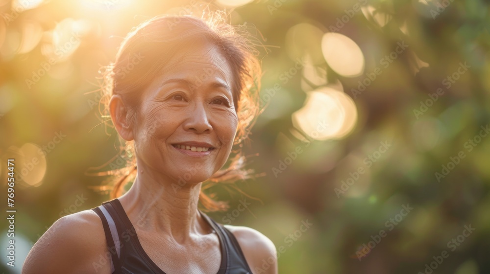 Smiling woman with short hair wearing a black top standing in a sunlit outdoor setting with blurred greenery in the background. Smiling woman with short hair wearing a black top standing in a sunlit outdoor setting with blurred greenery in the background.
