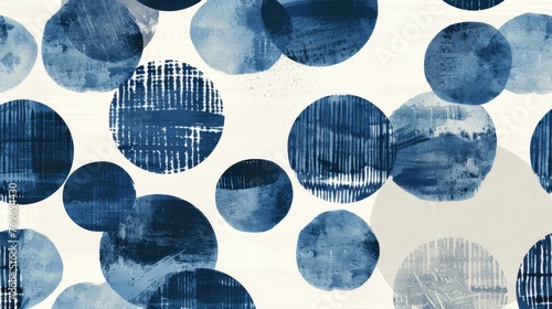 Layered indigo circles with varied textures on a crisp white canvas offer a modern abstract look..