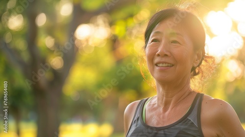 A smiling woman in a tank top standing in a park with sunlight filtering through the trees.