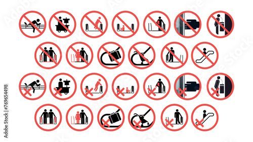 Metro, Underground, Subway, MTR, and MRT: Escalator Sign, Escalate Sign, and Warning Vector Set - Simple Prohibit Sign Icons with 'Not Allowed' and 'Warning' Labels. Vector Collection..