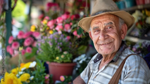 An elderly man with a hat smiling surrounded by a vibrant array of colorful flowers.