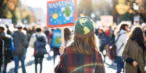 A person holding a sign with environmental slogans at a rally.  photo