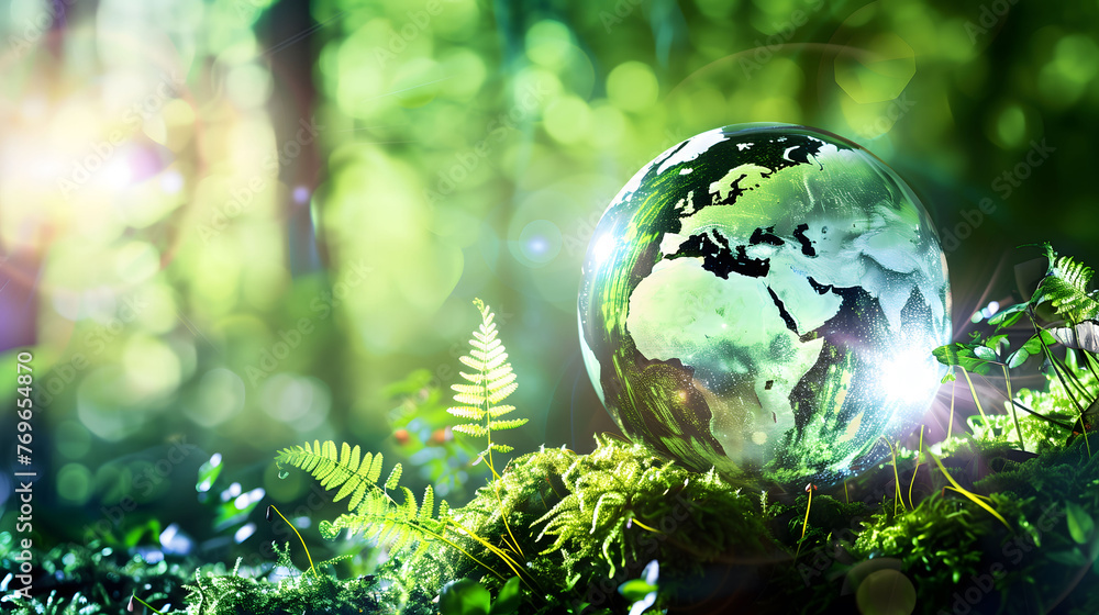 Earth day concept with crystal globe creating a map on a mossy forest with the sun shining and green foliage