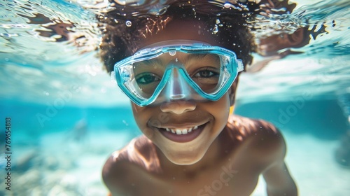 A young boy with a smile on his face wearing blue goggles underwater surrounded by clear blue water.