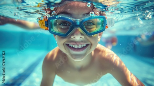 A joyful child underwater wearing goggles with bubbles around them smiling at the camera.